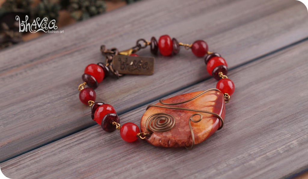 bhavaa Premium Gemstone Jewelry- Bracelet. Coy Radiance Collection, Mark-1 | Gemstones: Red Dragon Veins Agate, Carnelian, Garnet, Jade Faceted, Garnet Faceted
